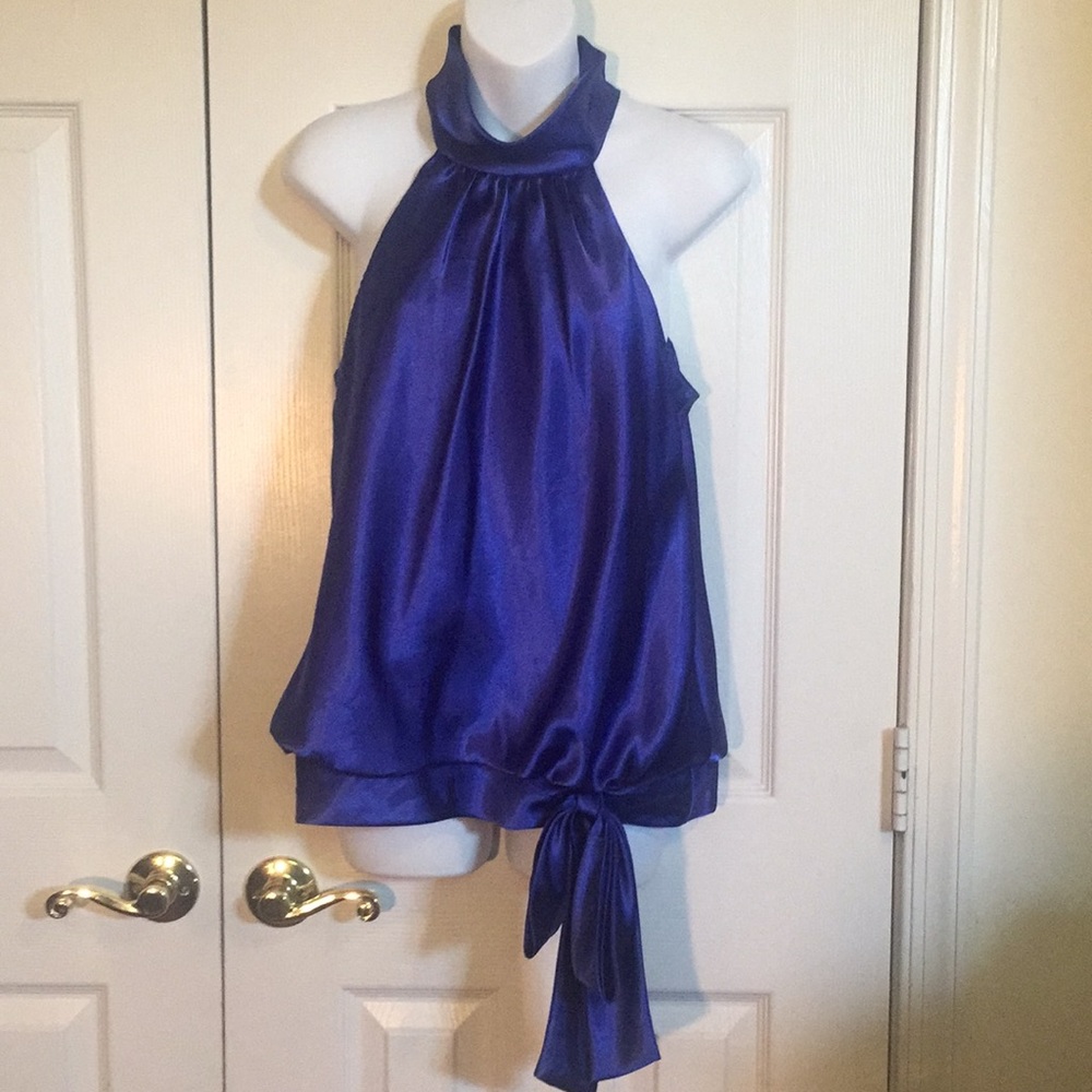 Royal blue sleeveless satin blouse